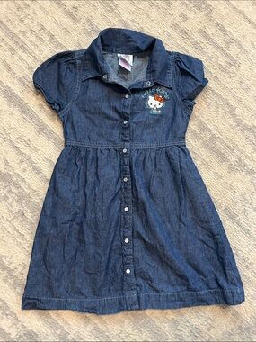 Hello Kitty Dark Blue Denim Button-Front Kids Dress